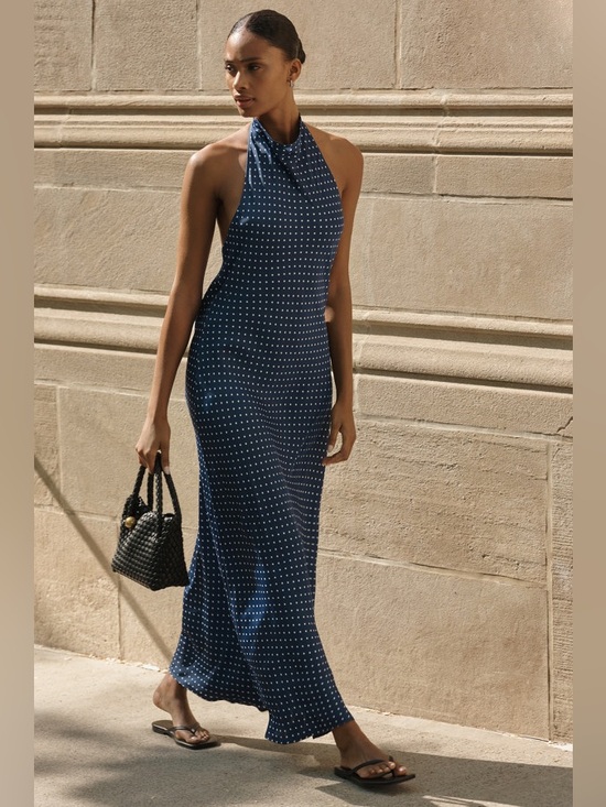 Anthropologie Dresses & Skirts - Anthropologie Maeve Jamie Satin Halter Midi Dress Polka Dot Blue Small